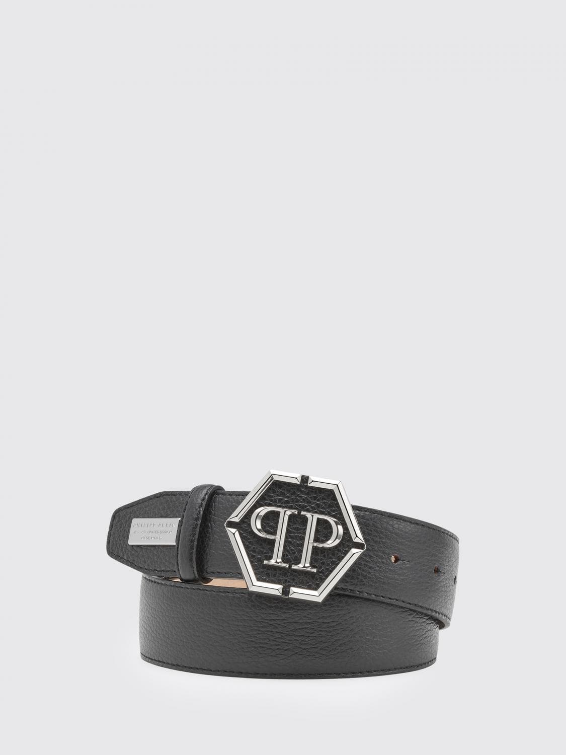 Philipp Plein Adjustable Grained Leather Belt with Hexagon Monogram Buckle