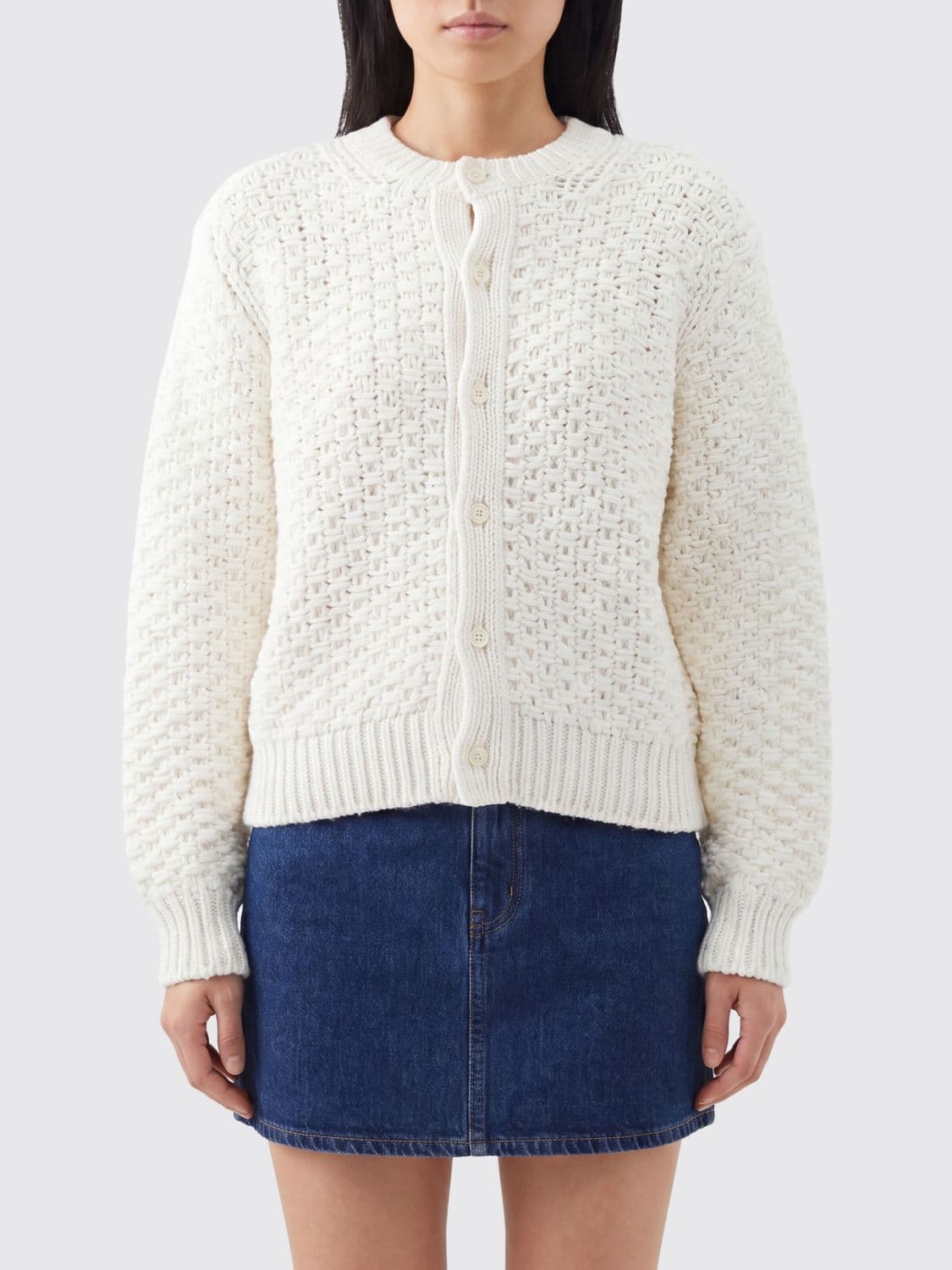 Comme Des Garçons Crewneck Long-Sleeved Cardigan with Ribbed Trims