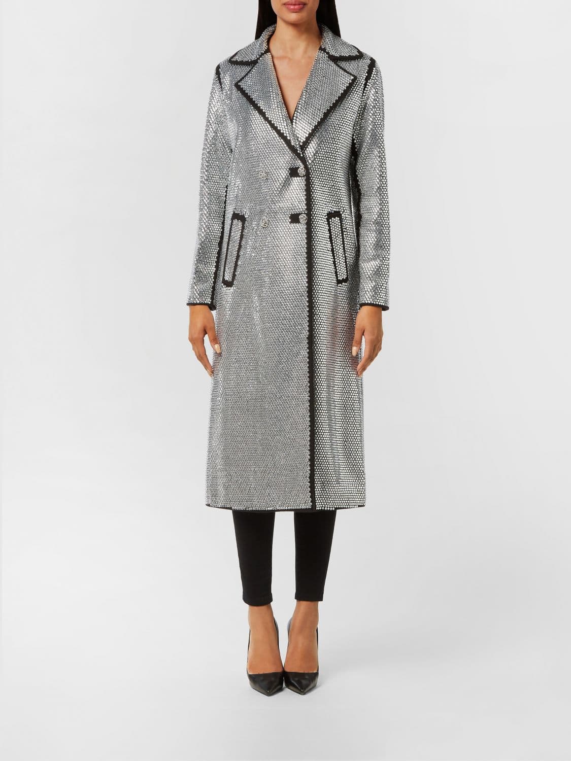 Philipp Plein Long Double-Breasted Coat with Crystals and Peak Lapels
