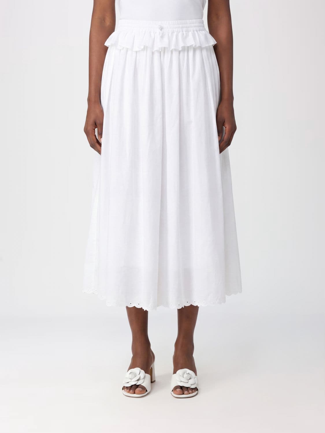 Cecilie Bahnsen A-Line Midi Skirt in Cotton with Ruffles and Drawstring Waist