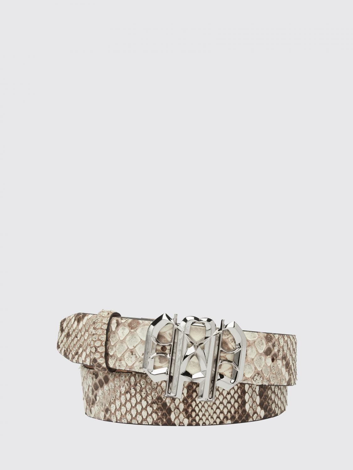 Philipp Plein Python-Print Snakeskin Leather Belt with Monogram Buckle