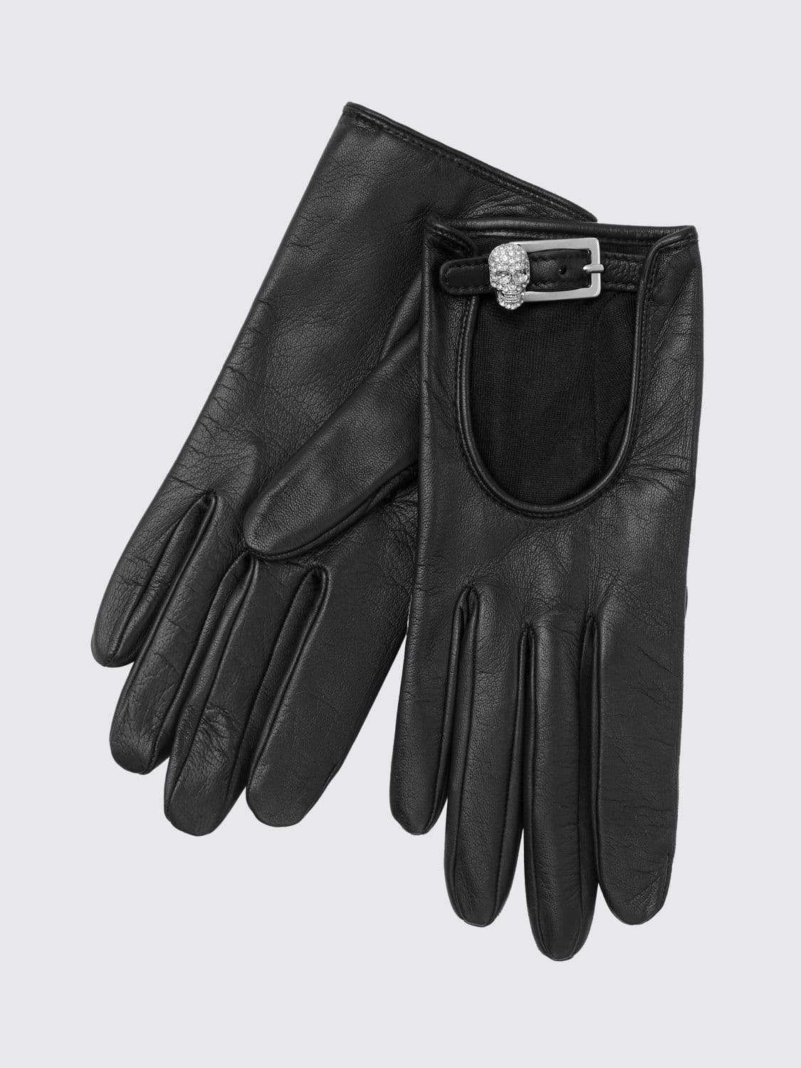 Philipp Plein Lambskin Gloves with Skull Print and Rhinestone Application