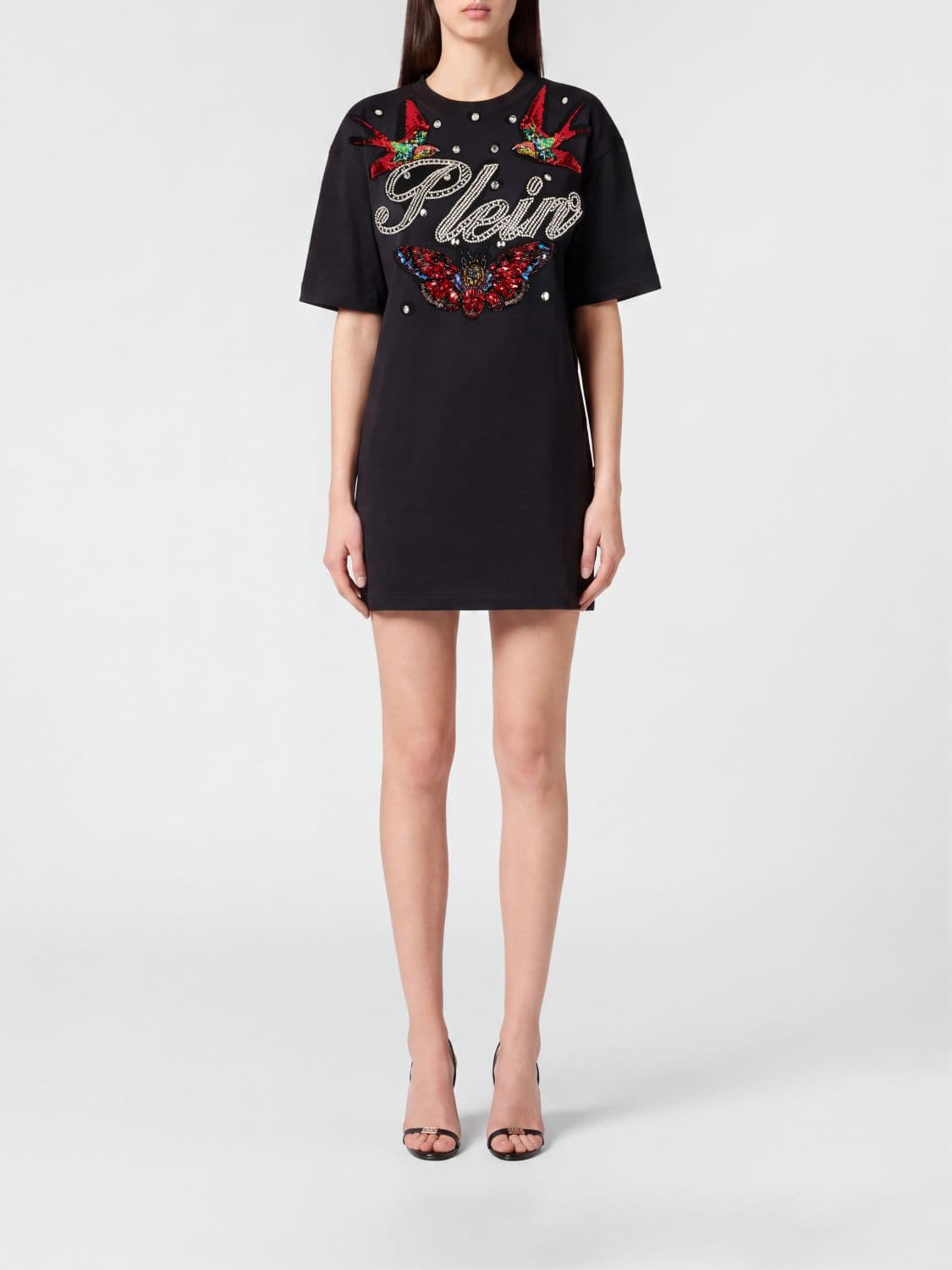 Philipp Plein Sheath Mini Dress with Rhinestone Logo and U-Back Neckline