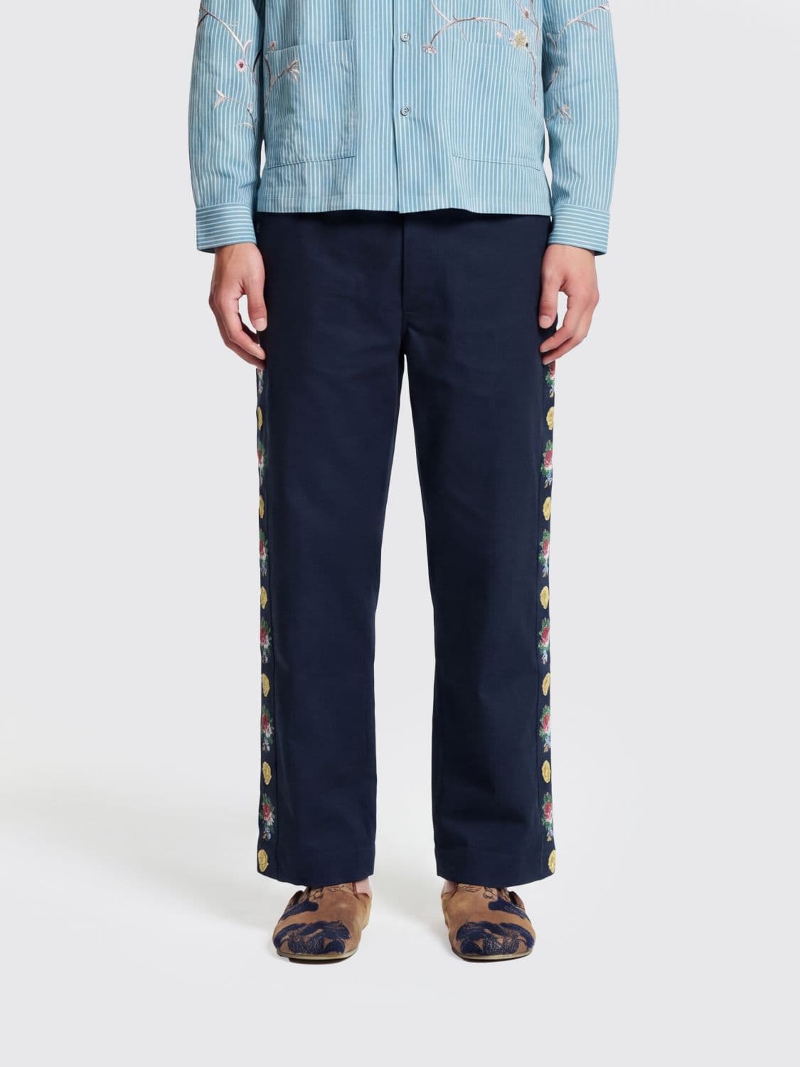 Baziszt Wide Leg Cotton Trousers with Embroidered Details and Zip Fly
