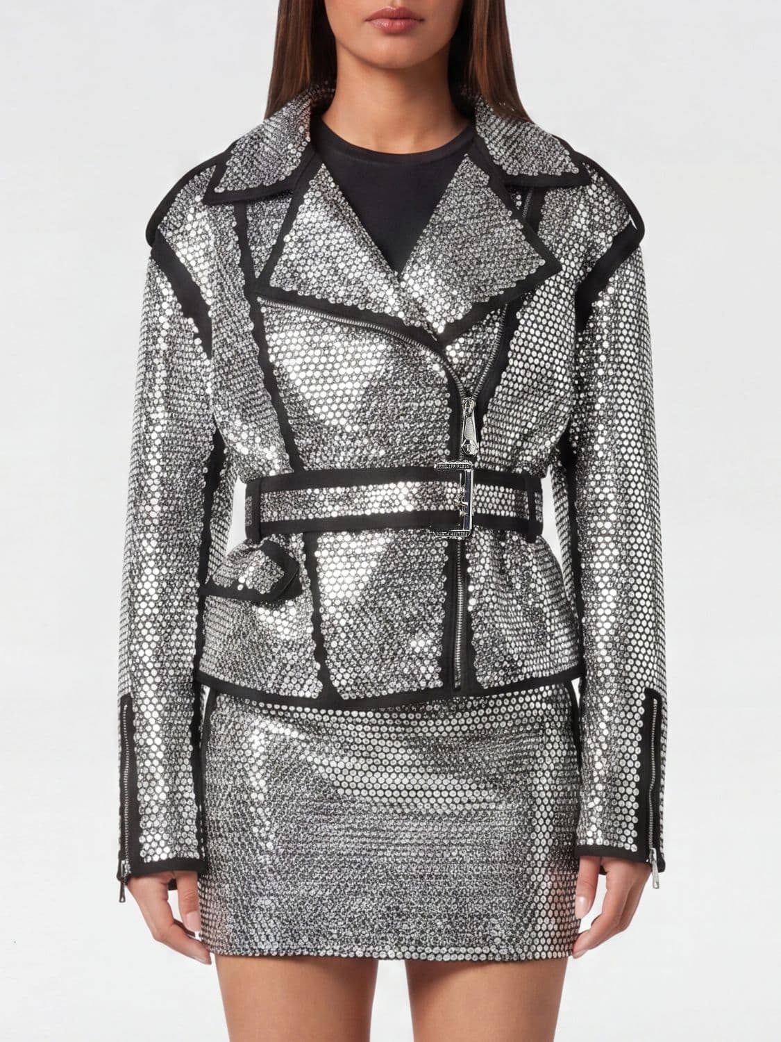 Philipp Plein Short Biker-Style Jacket with Rhinestones and Peak Lapels · XL