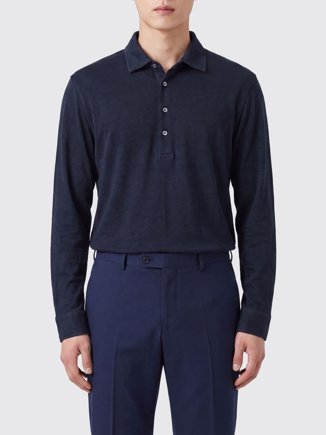 Drumohr Long-Sleeved Polo Shirt in a Linen and Cotton Blend · S