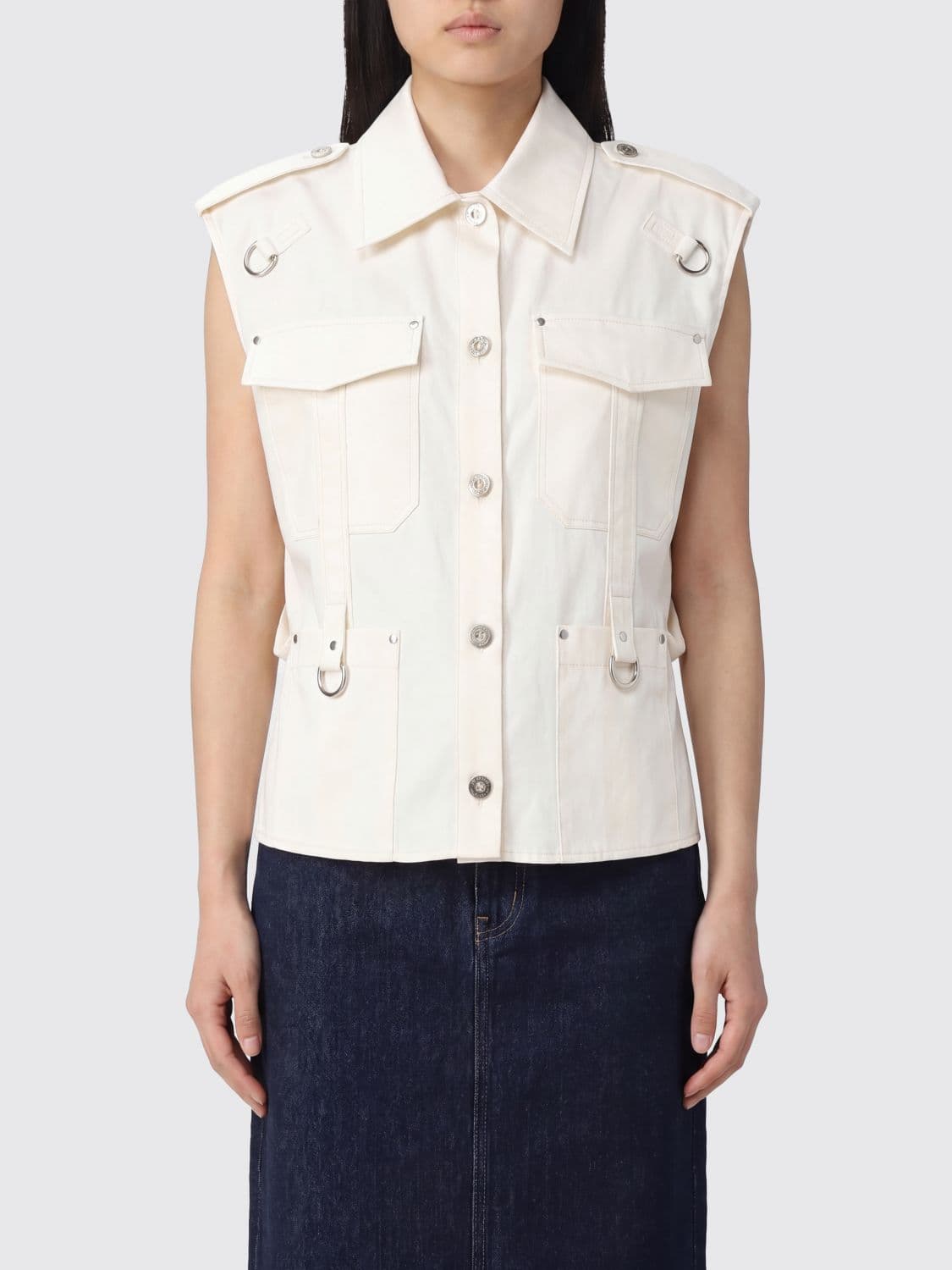 Durazzi Milano Sleeveless Cotton Shirt with Epaulettes and Metal Ring