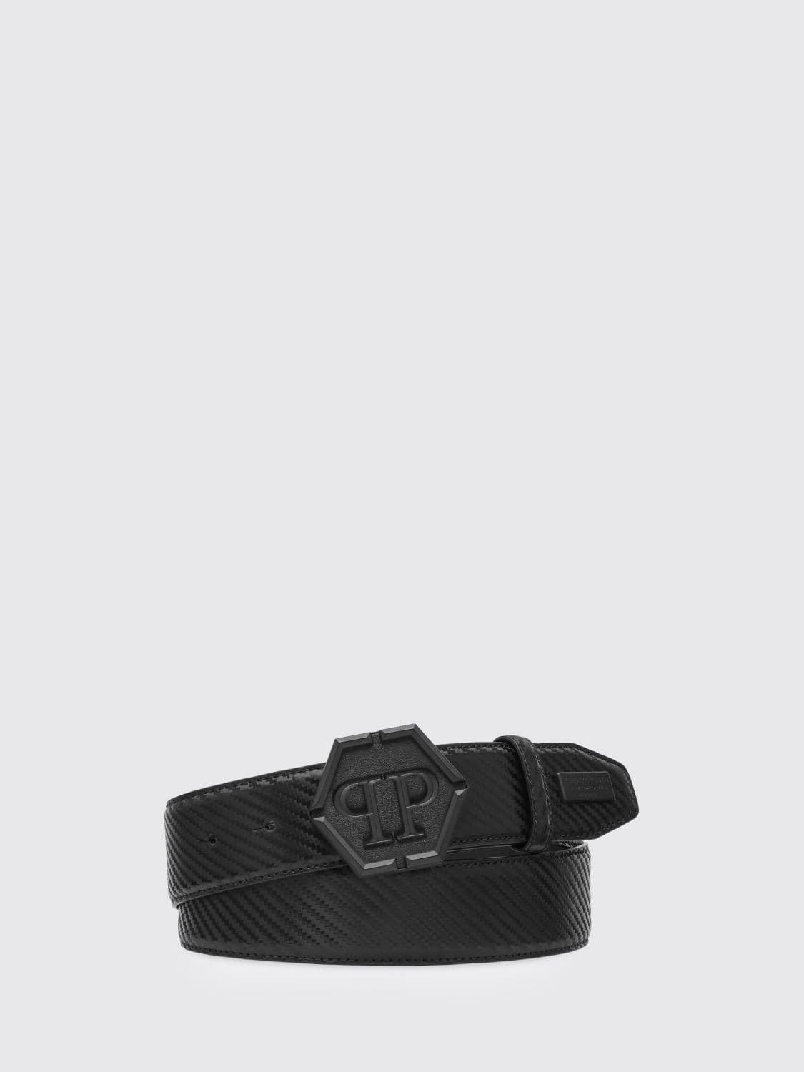 Philipp Plein Embossed Leather Belt with Hexagon Monogram Buckle