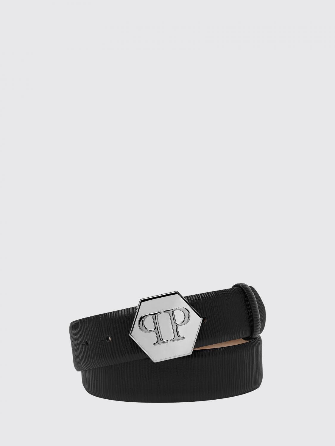 Philipp Plein Calfskin Leather Belt with Hexagon Monogram Buckle