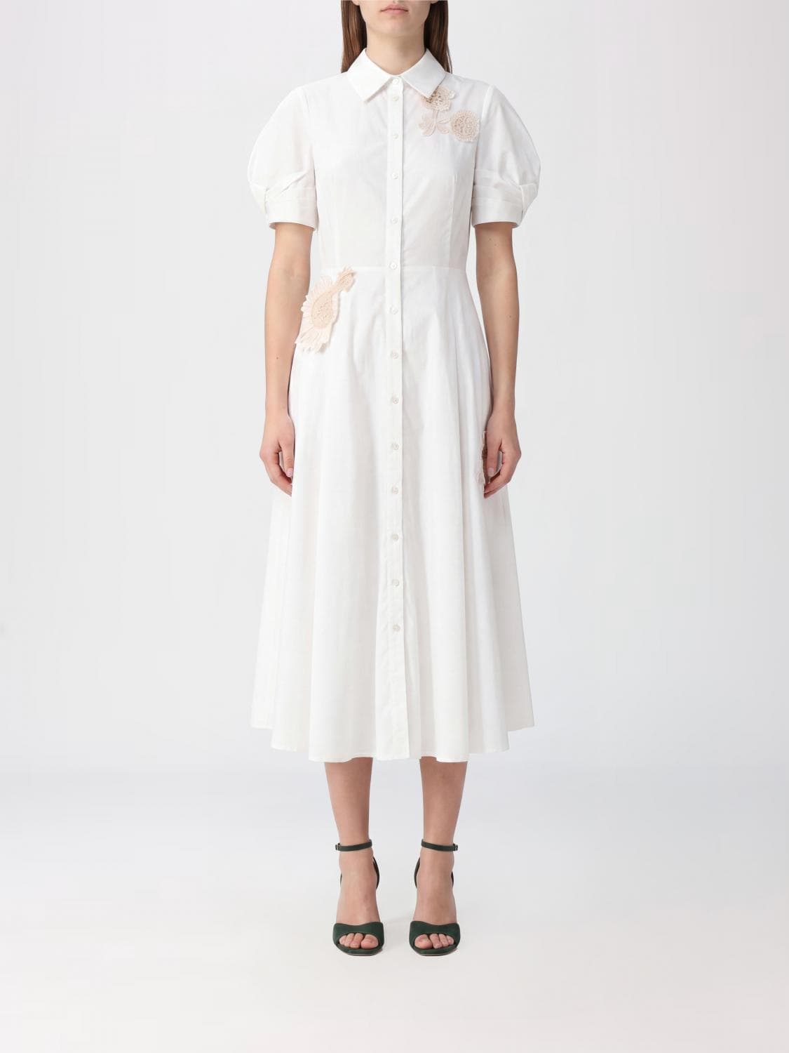 Erdem Cotton Midi Chemisier Dress with Puff Sleeves and Macramé Inserts