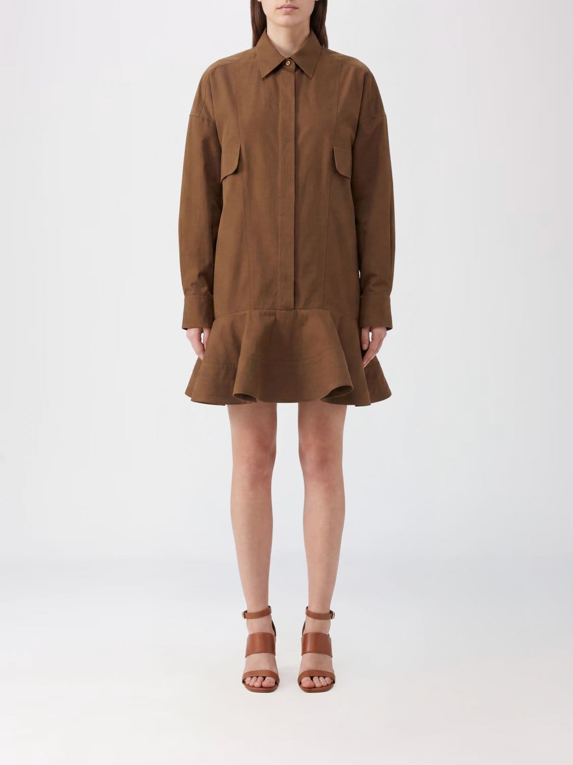 Stella Mccartney Cotton Mini Shirt Dress with Long Sleeves and Ruffles
