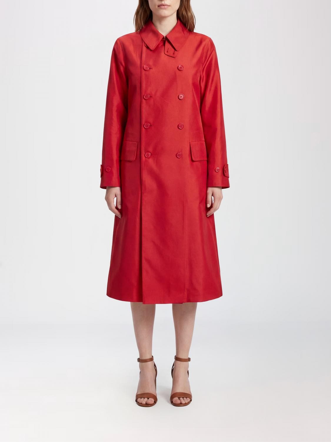Ralph Lauren Long Double-Breasted Silk-Blend Coat with Flap Pockets