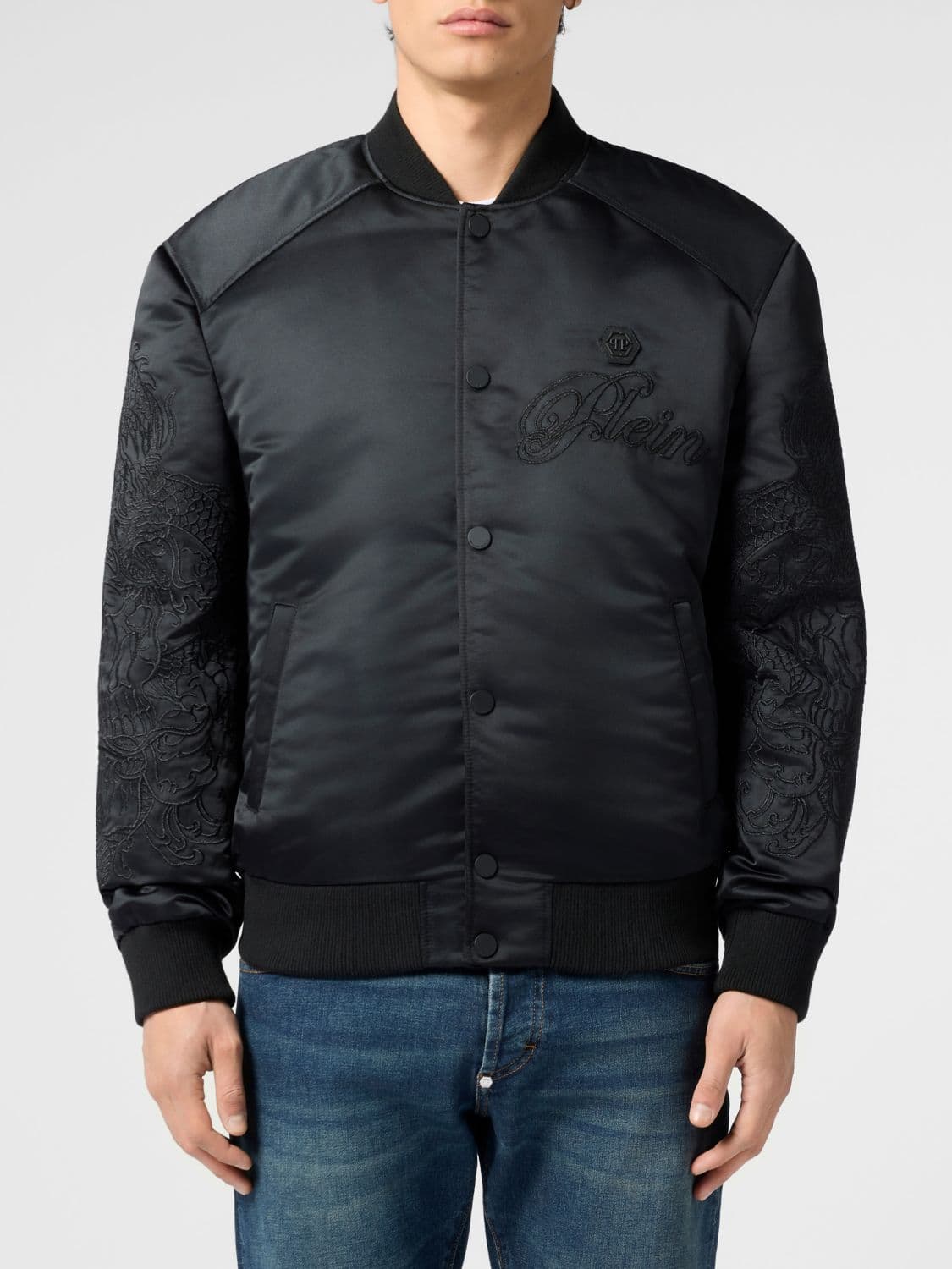 Philipp Plein Satin Bomber Jacket with Embroidered Hexagon Logo