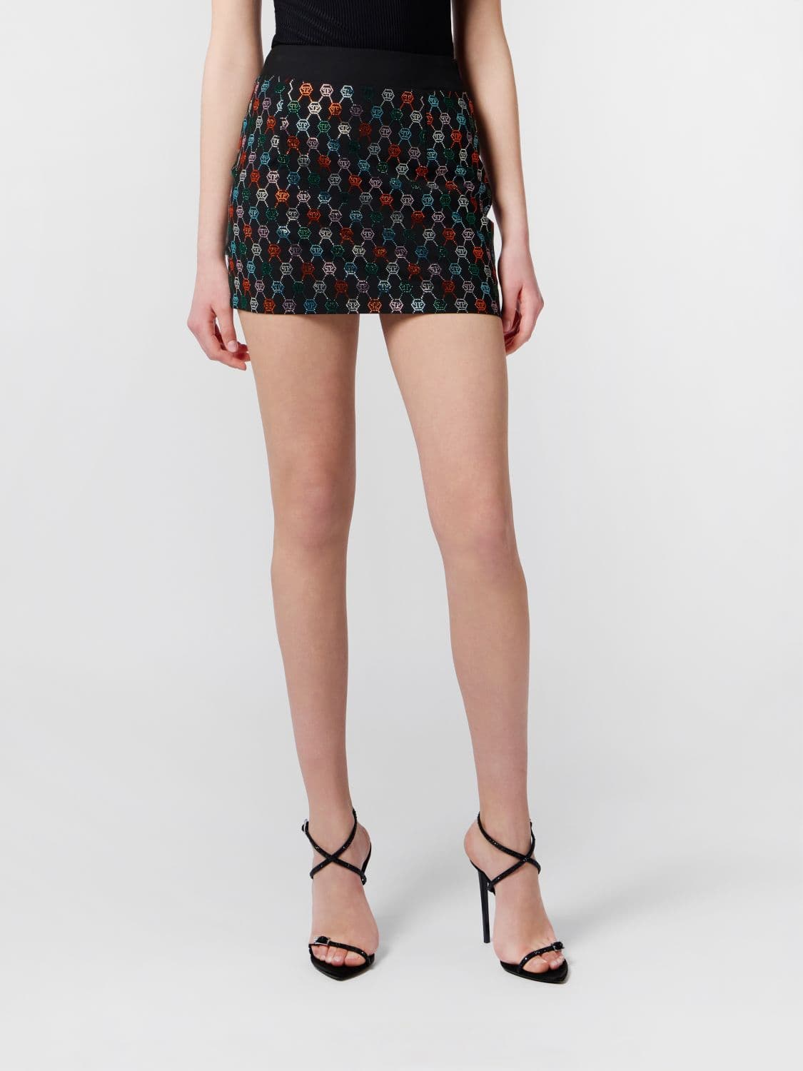 Philipp Plein Wool Pencil Mini Skirt with Rhinestone Hexagon Logo