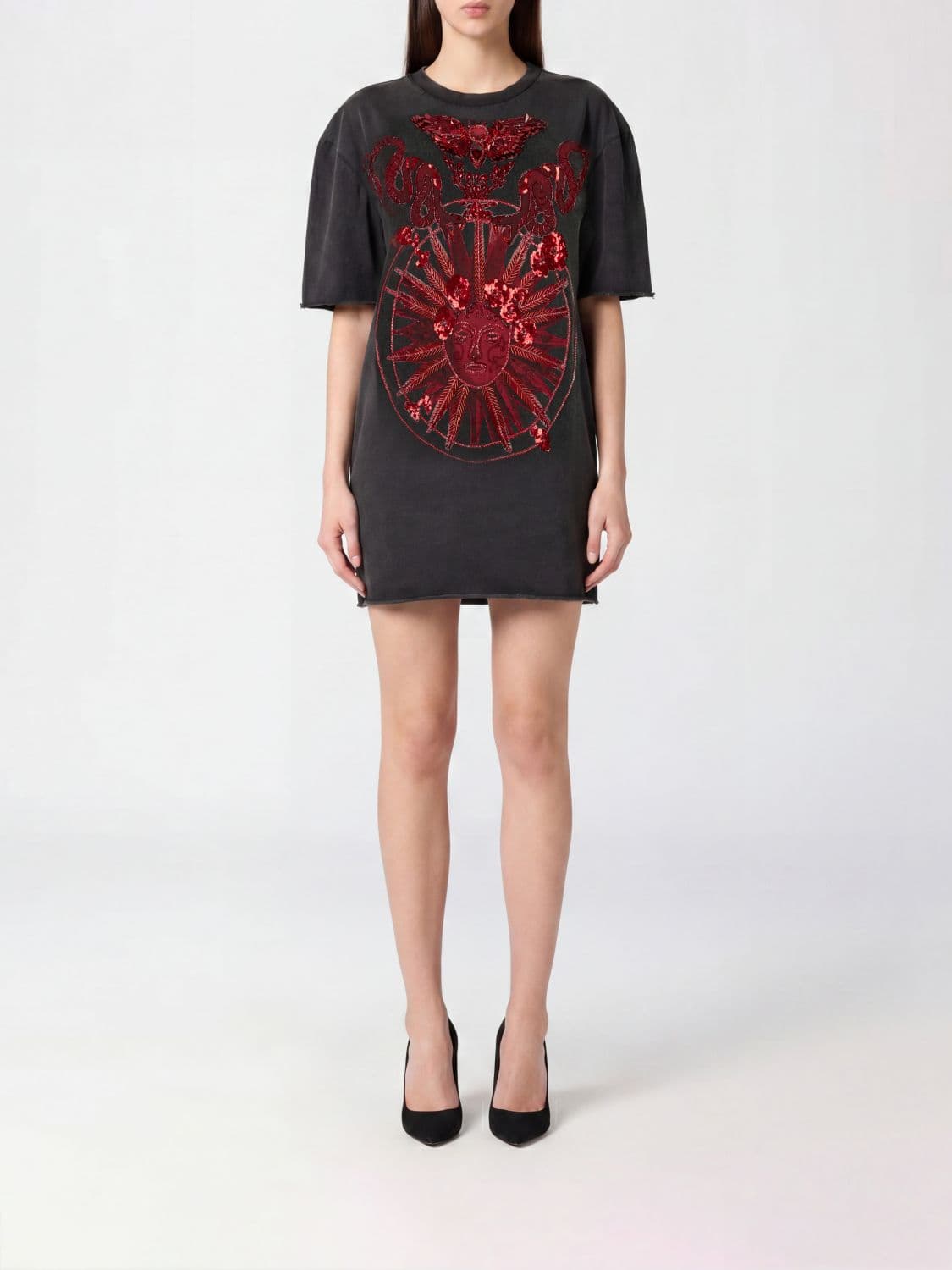 Philipp Plein Butterfly Tattoo Mini Sheath Dress in Cotton with Sequin Embroidery