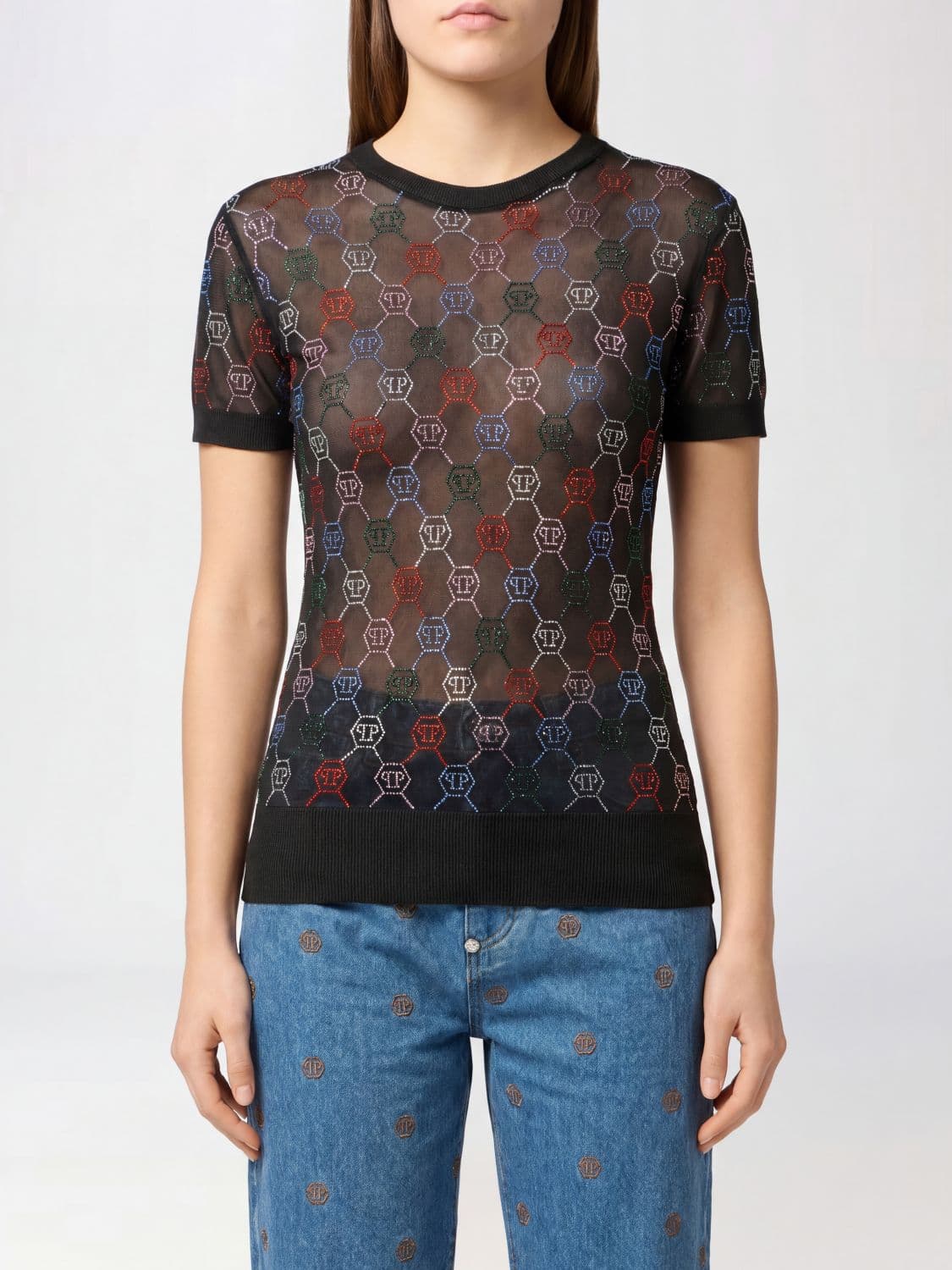 Philipp Plein Slim Fit Sheer Viscose Crewneck Top with Rhinestones