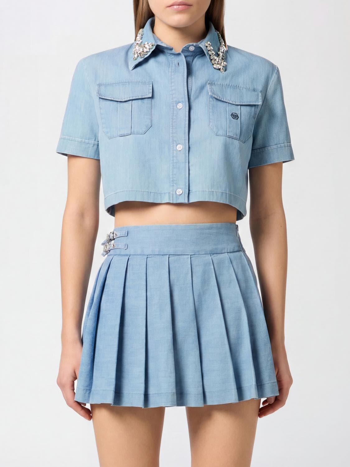 Philipp Plein Cropped Fit Short-Sleeved Cotton Shirt with Rhinestones