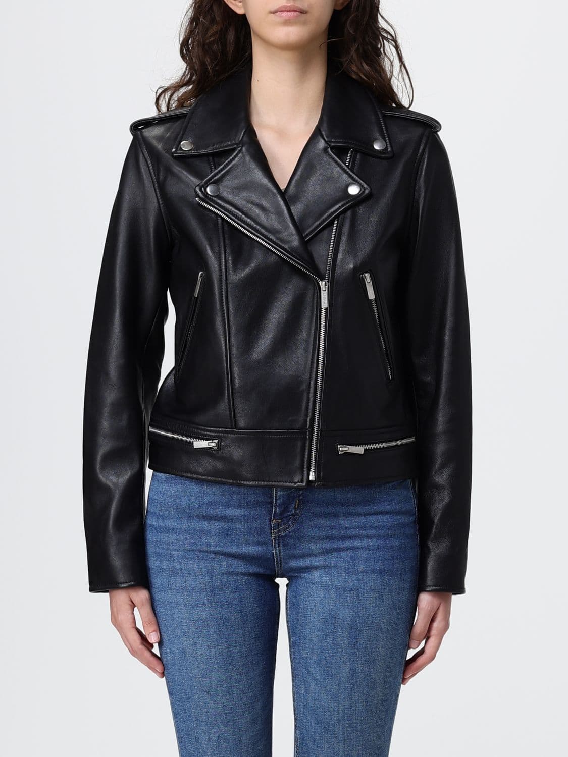 Twinset Leather Biker Jacket with Asymmetrical Zip and Shoulder Epaulettes