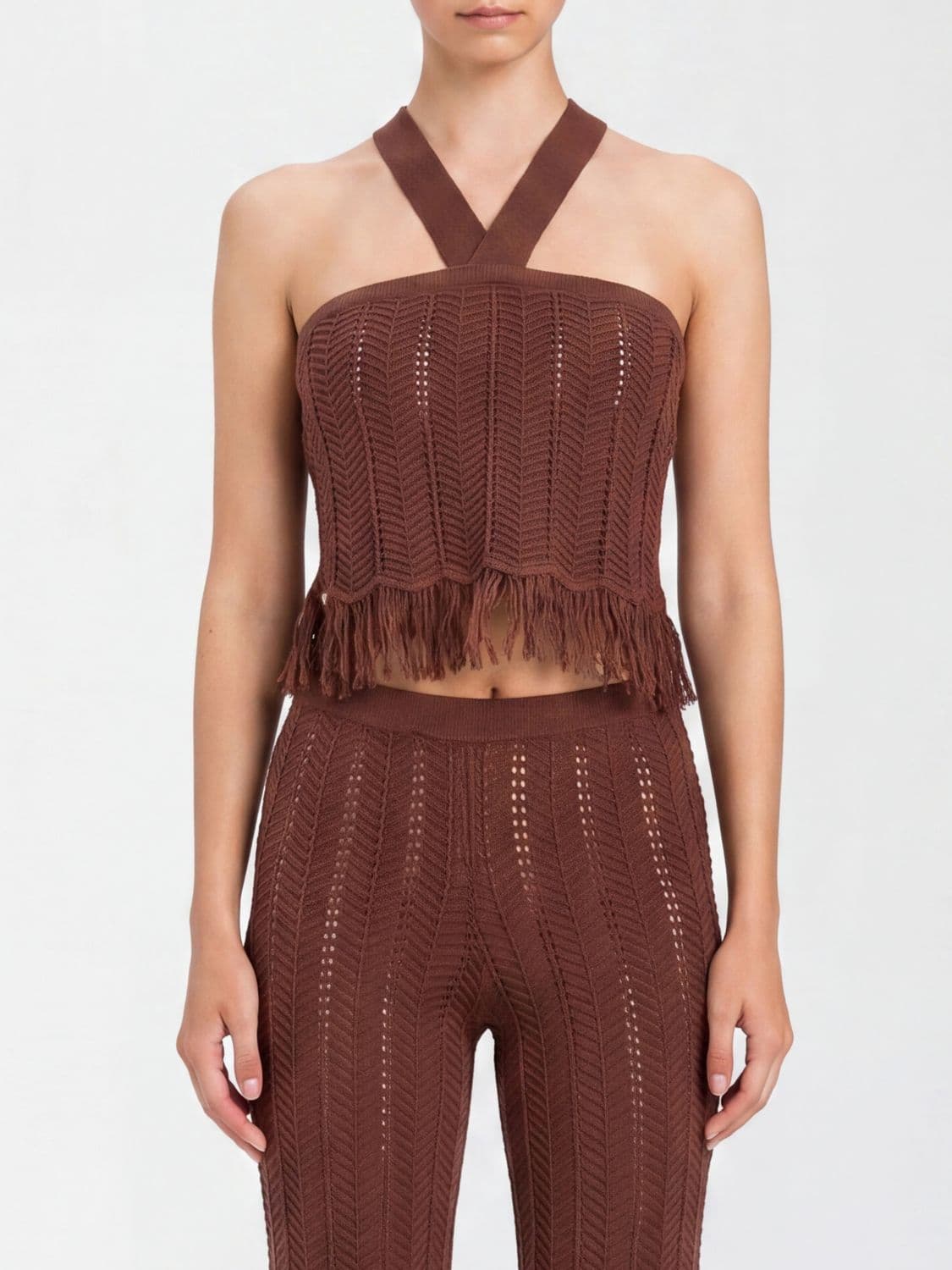Actitude Twinset Knitted Cotton Crop Top with Halterneck and Fringes