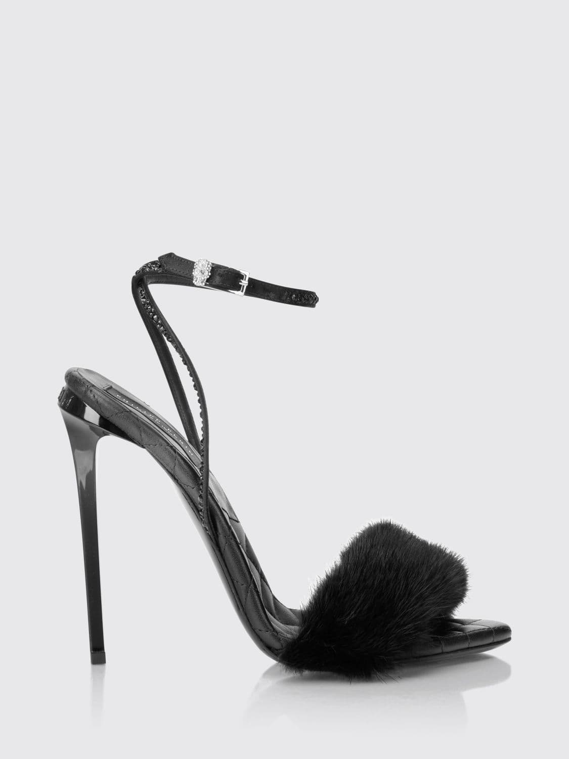 Philipp Plein Stiletto Heel Sandals in Leather and Faux Fur with Rhinestones