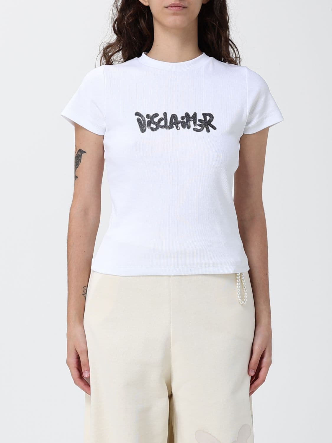 Disclaimer Slim Fit Cropped T-shirt in Cotton Jersey with Logo Print