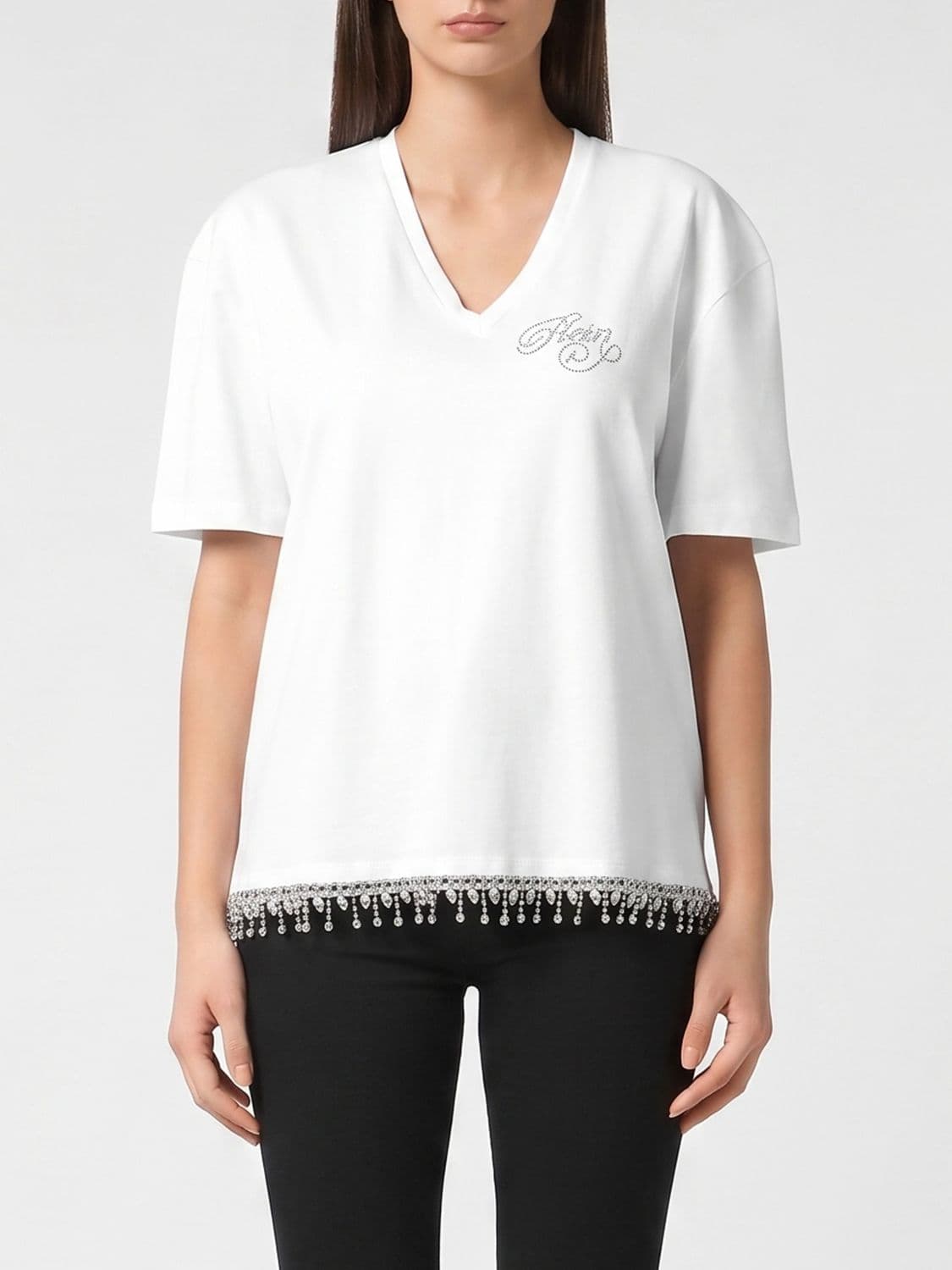 Philipp Plein Cotton V-Neck T-Shirt with Rhinestone Logo and Fringed Hem