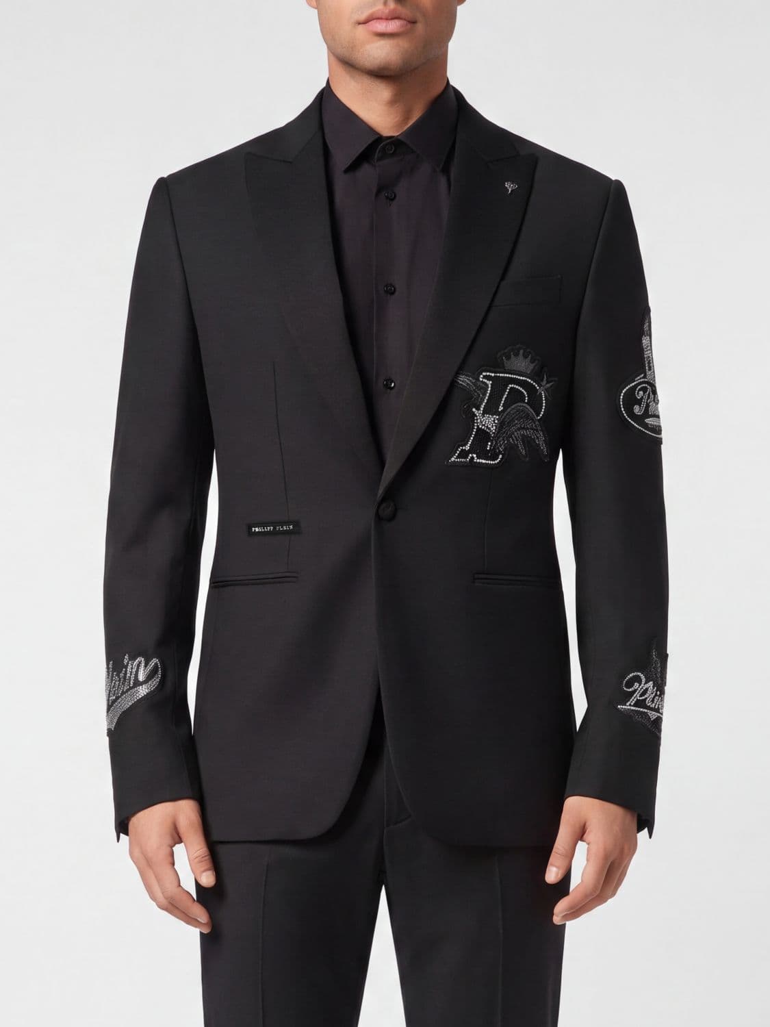 Philipp Plein Single-Breasted Wool-Blend Blazer with Peak Lapels and Logo Patch