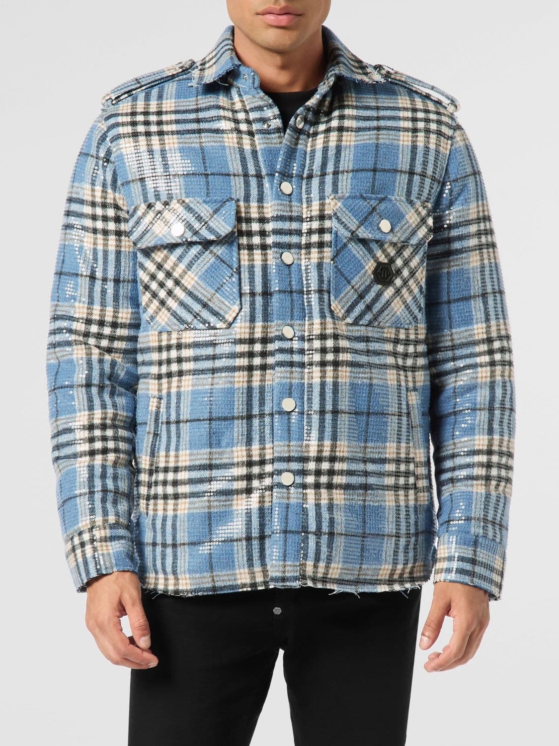 Philipp Plein Tartan Shirt Jacket with Sequin Embroidery and Epaulets