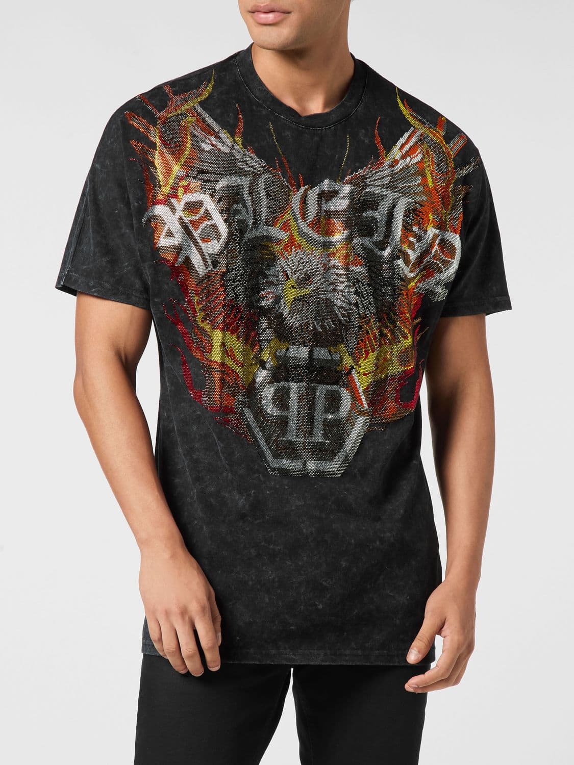 Philipp Plein Graphic Print Cotton T-Shirt with Rhinestone Embroidery
