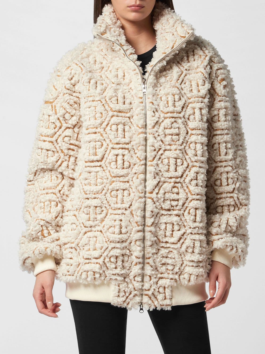 Philipp Plein Cropped High-Neck Fleece Jacket with Hexagon Logo