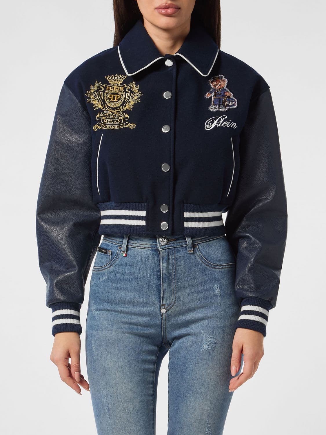 Philipp Plein Cropped Satin Bomber Jacket with Logo and Teddy Bear Embroidery