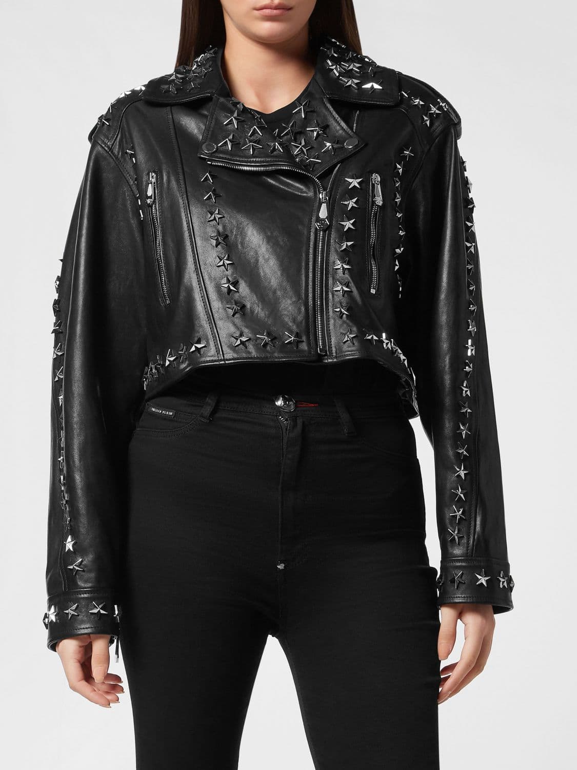 Philipp Plein Cropped Leather Biker Jacket with Studs and Stars