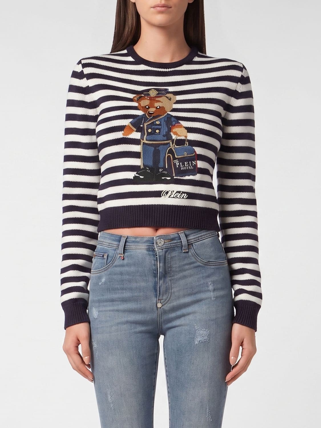 Philipp Plein Cropped Striped Teddy Bear Wool Blend Jumper in Slim Fit