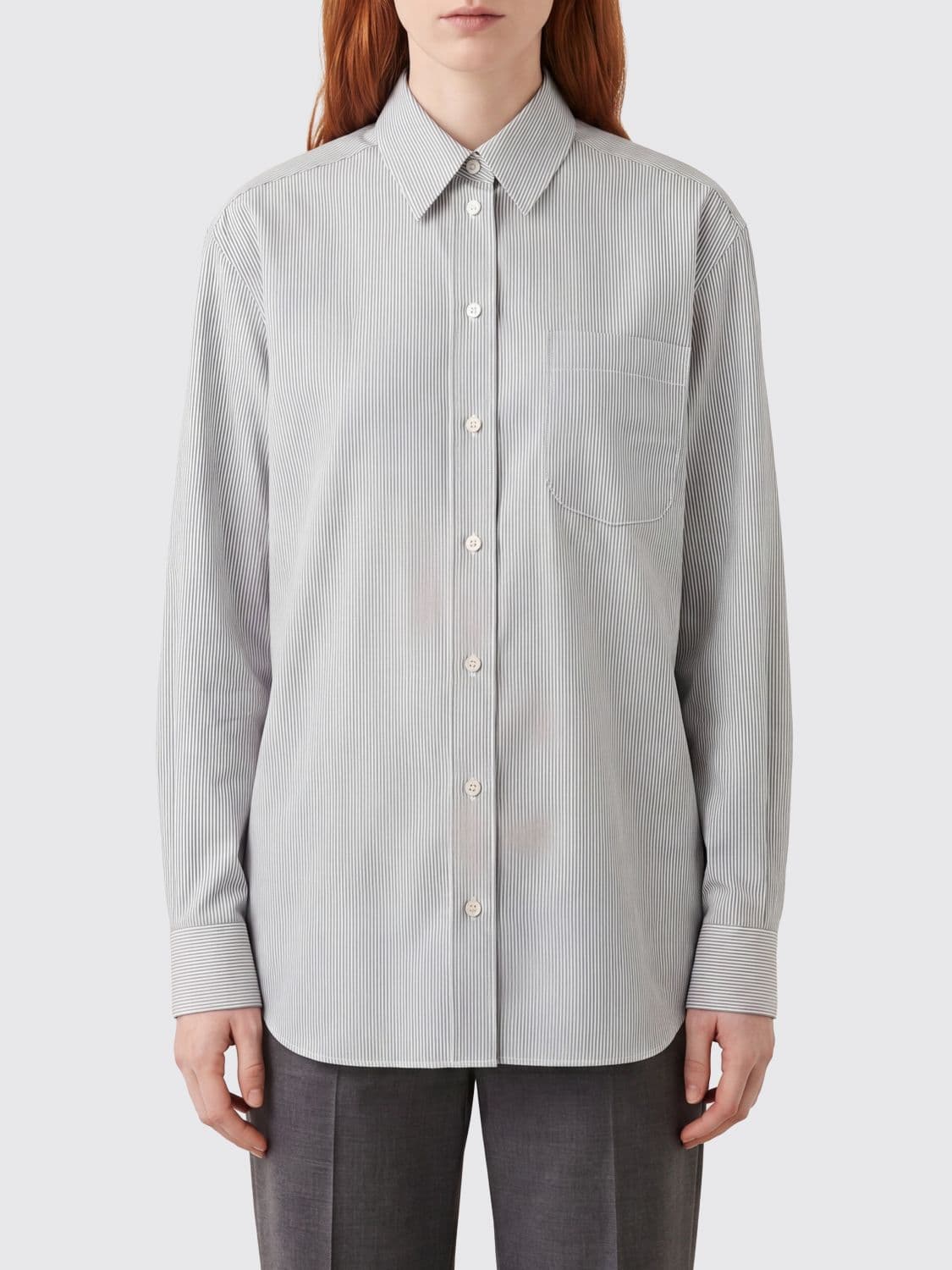 The Row Striped Cotton Shirt with Classic Collar and Asymmetric Hem