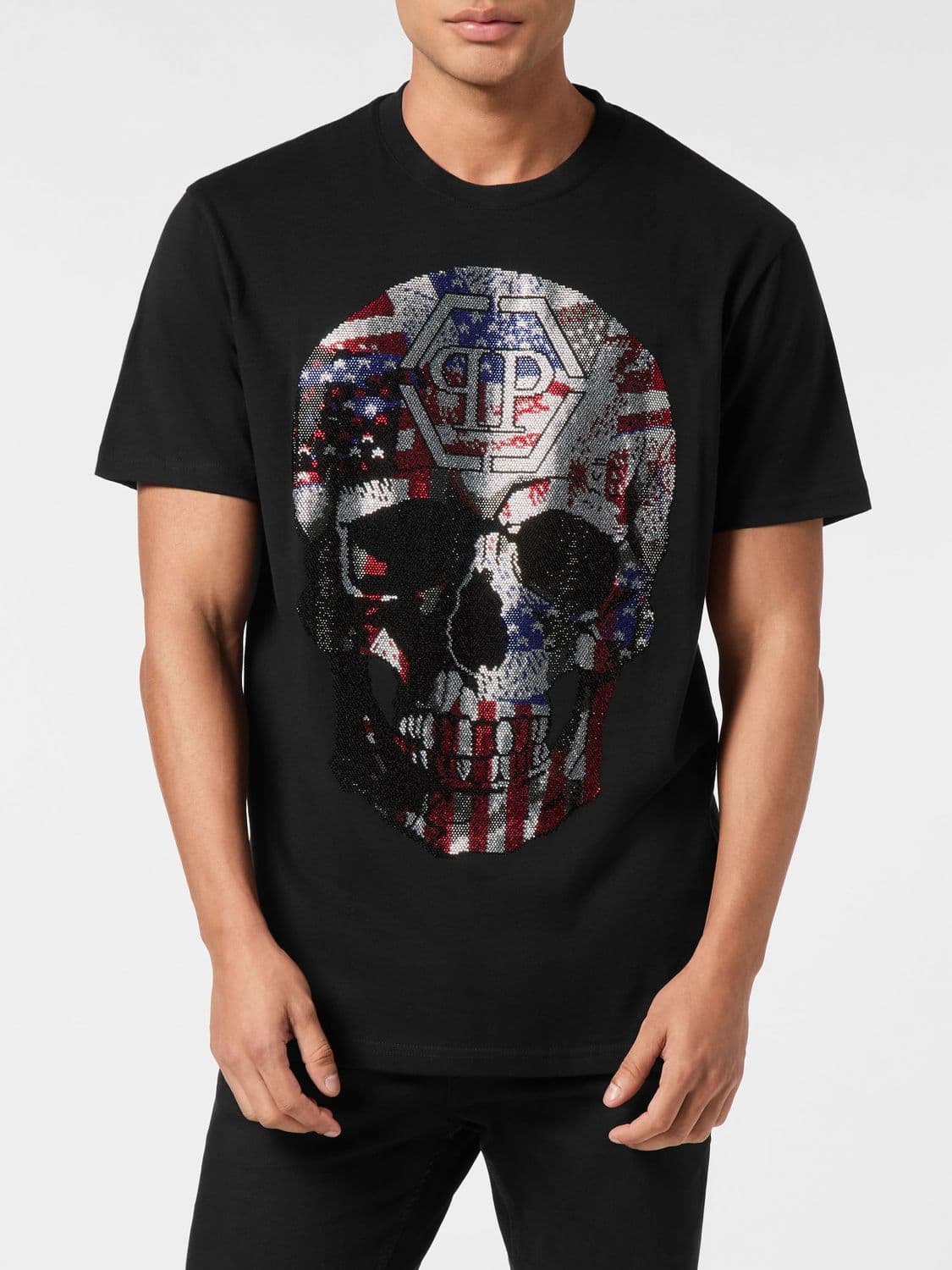 Philipp Plein Cotton Jersey T-Shirt with Skull Print and Rhinestone Logo