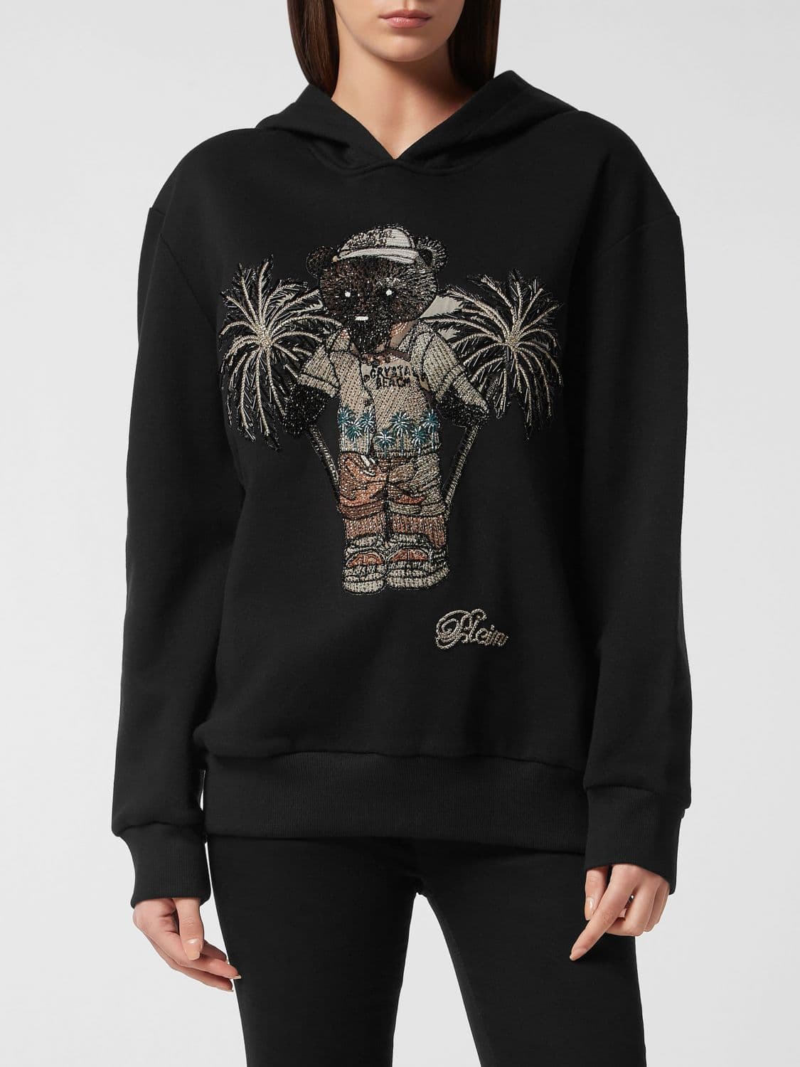 Philipp Plein Teddy Bear Print Cotton Hoodie with Rhinestone Details