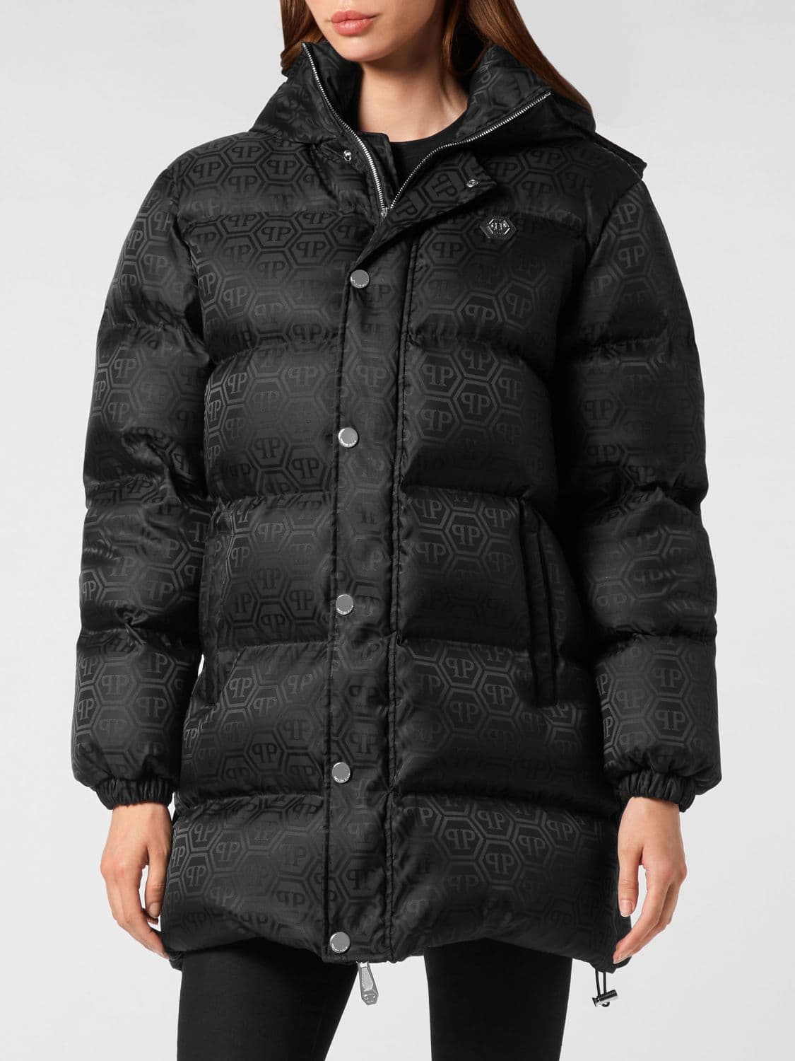 Philipp Plein Quilted Nylon Puffer Jacket with Monogram Pattern and Detachable Hood