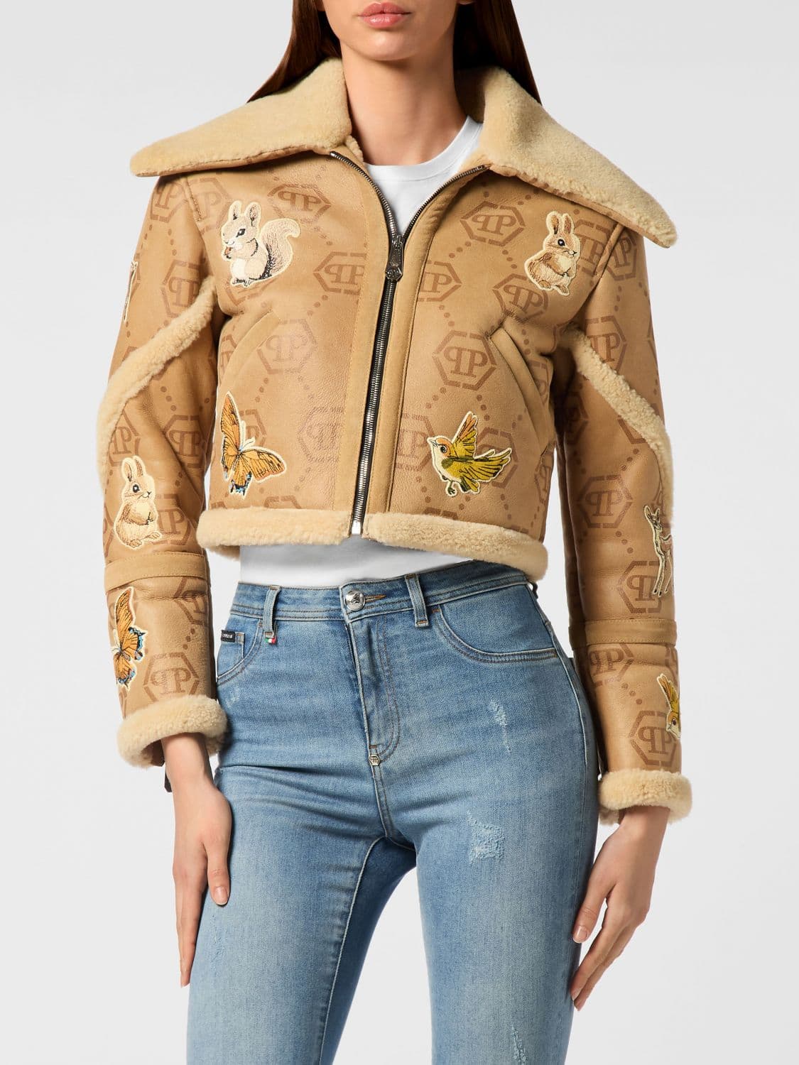 Philipp Plein Cropped Shearling Jacket with Butterfly Print and Fur Collar