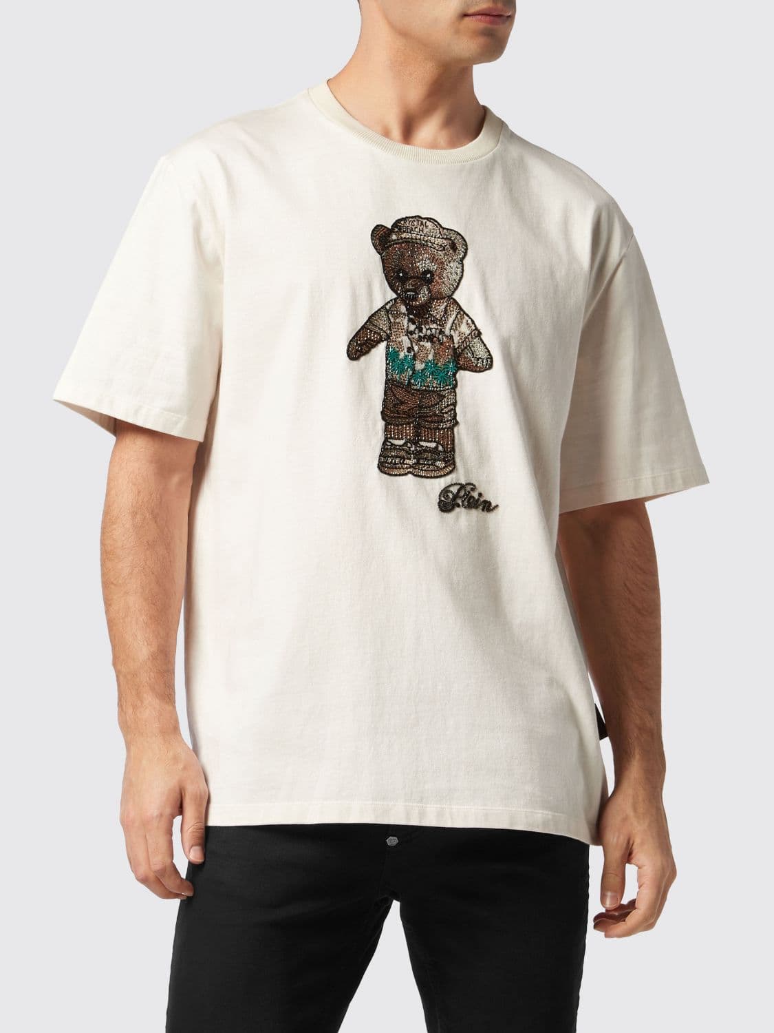 Philipp Plein Teddy Bear Embroidered Cotton T-Shirt with Appliqués