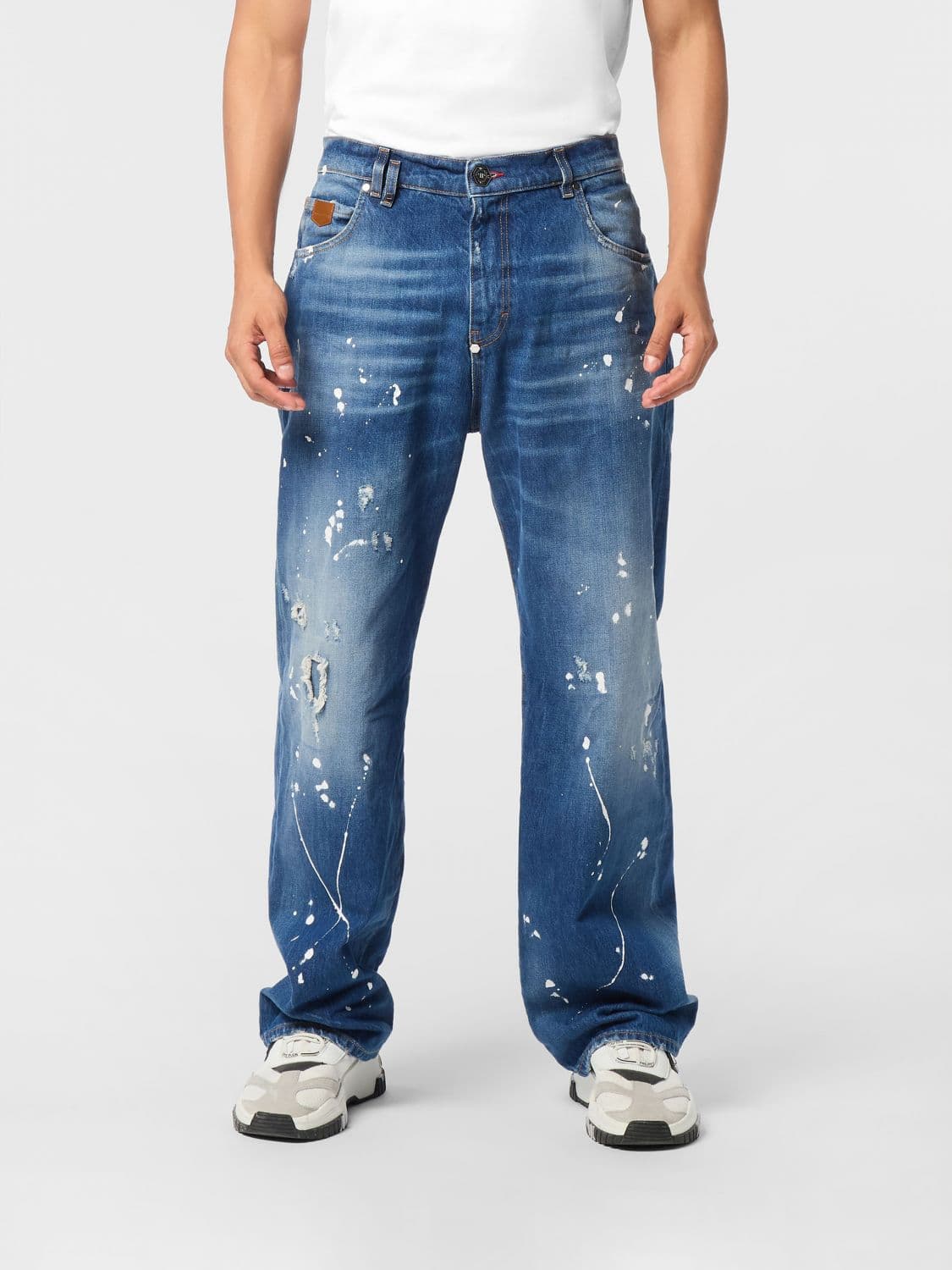 Philipp Plein Wide Leg Stretch-Denim Jeans with Distressed Effect and Rear Logo