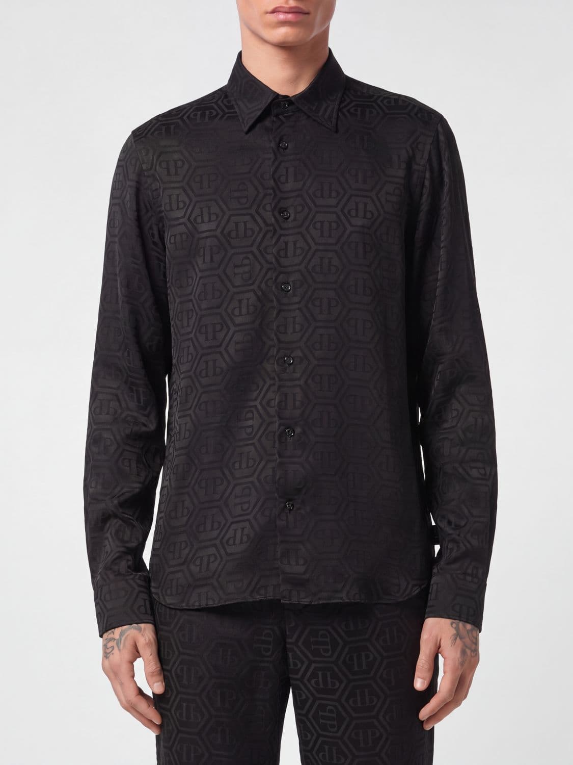 Philipp Plein Silk Shirt with All-Over Monogram Print and Hexagon Logo