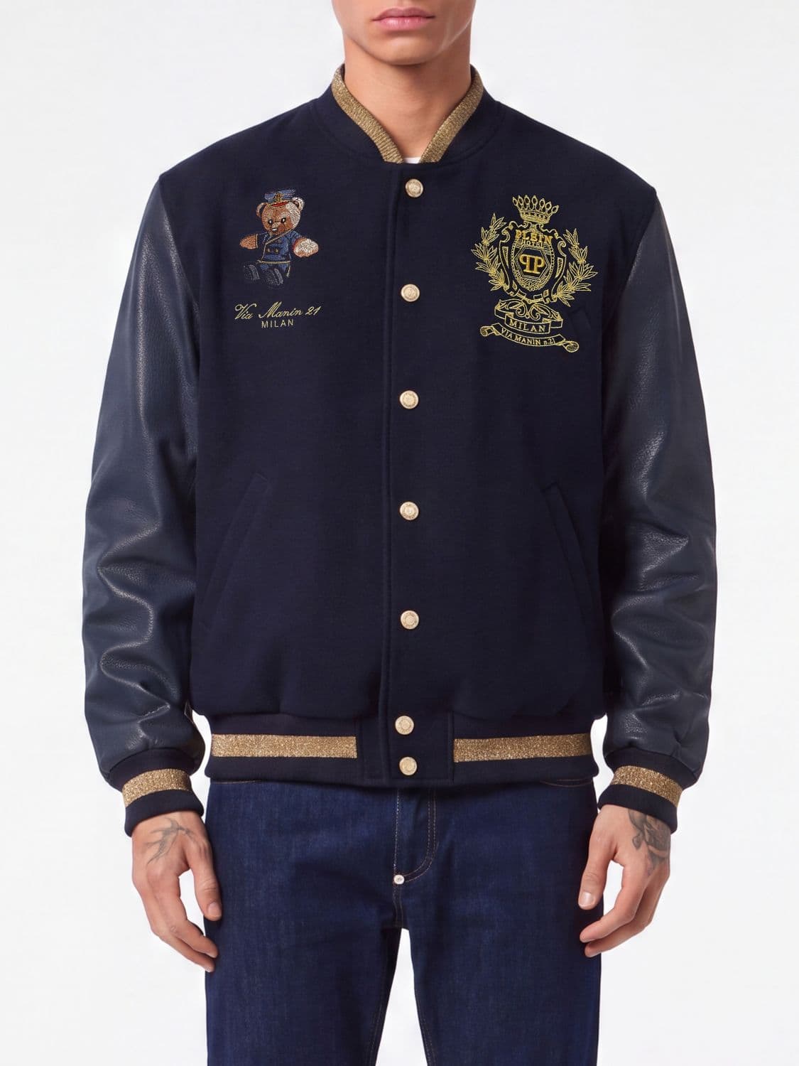 Philipp Plein College Shearling Bomber Jacket with Teddy Bear Embroidery and Contrast Trim