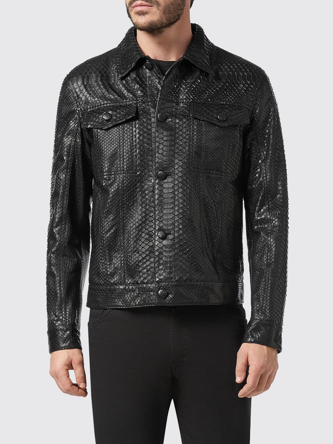 Billionaire Snakeskin Leather Shirt Jacket with Applied Patch Pockets