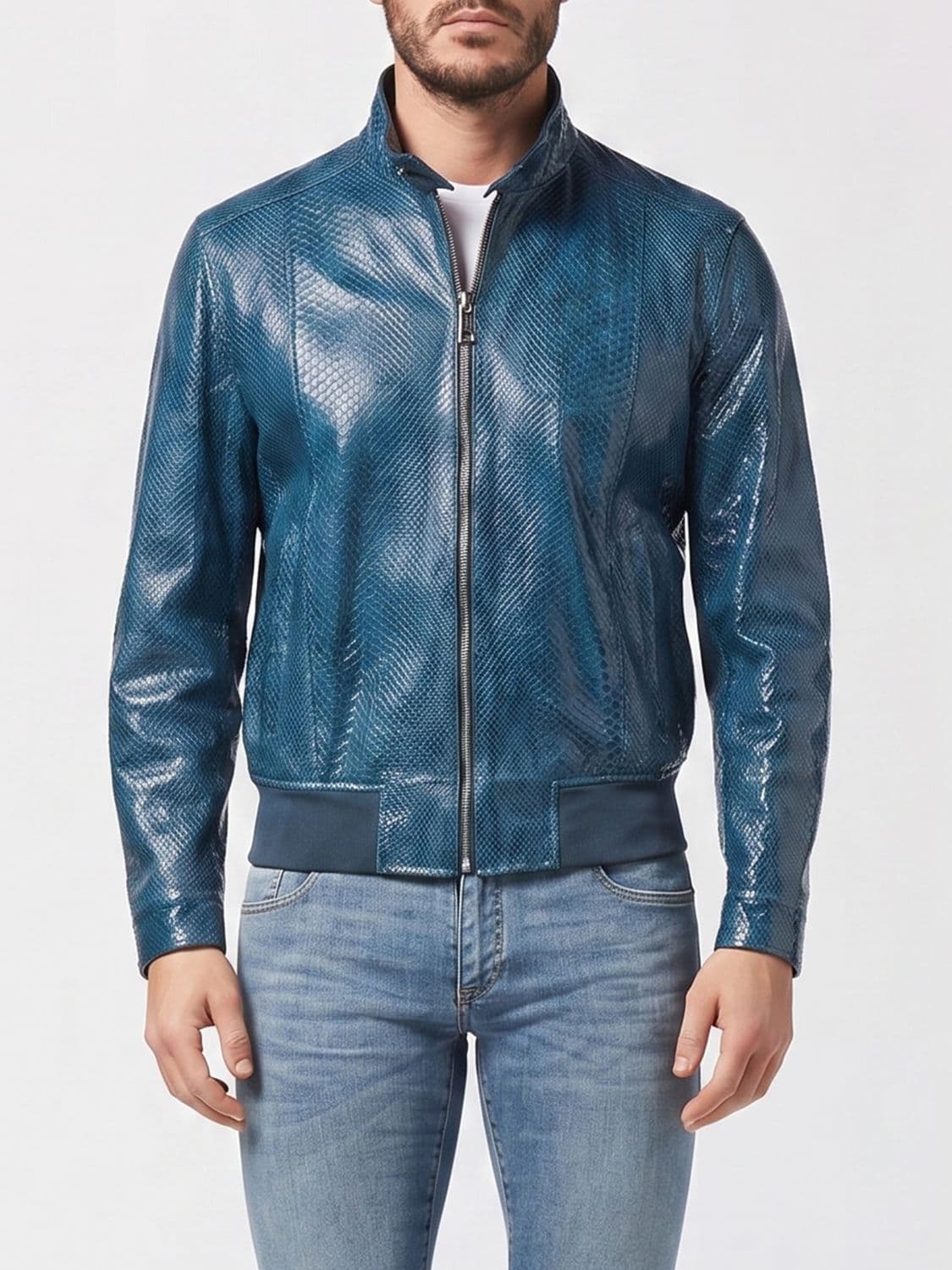 Billionaire Snakeskin Leather Bomber Jacket with High Collar and Zip Closure