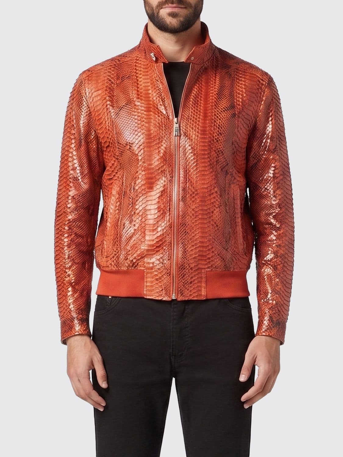 Billionaire Snakeskin Leather Bomber Jacket with High Collar and Zip Closure