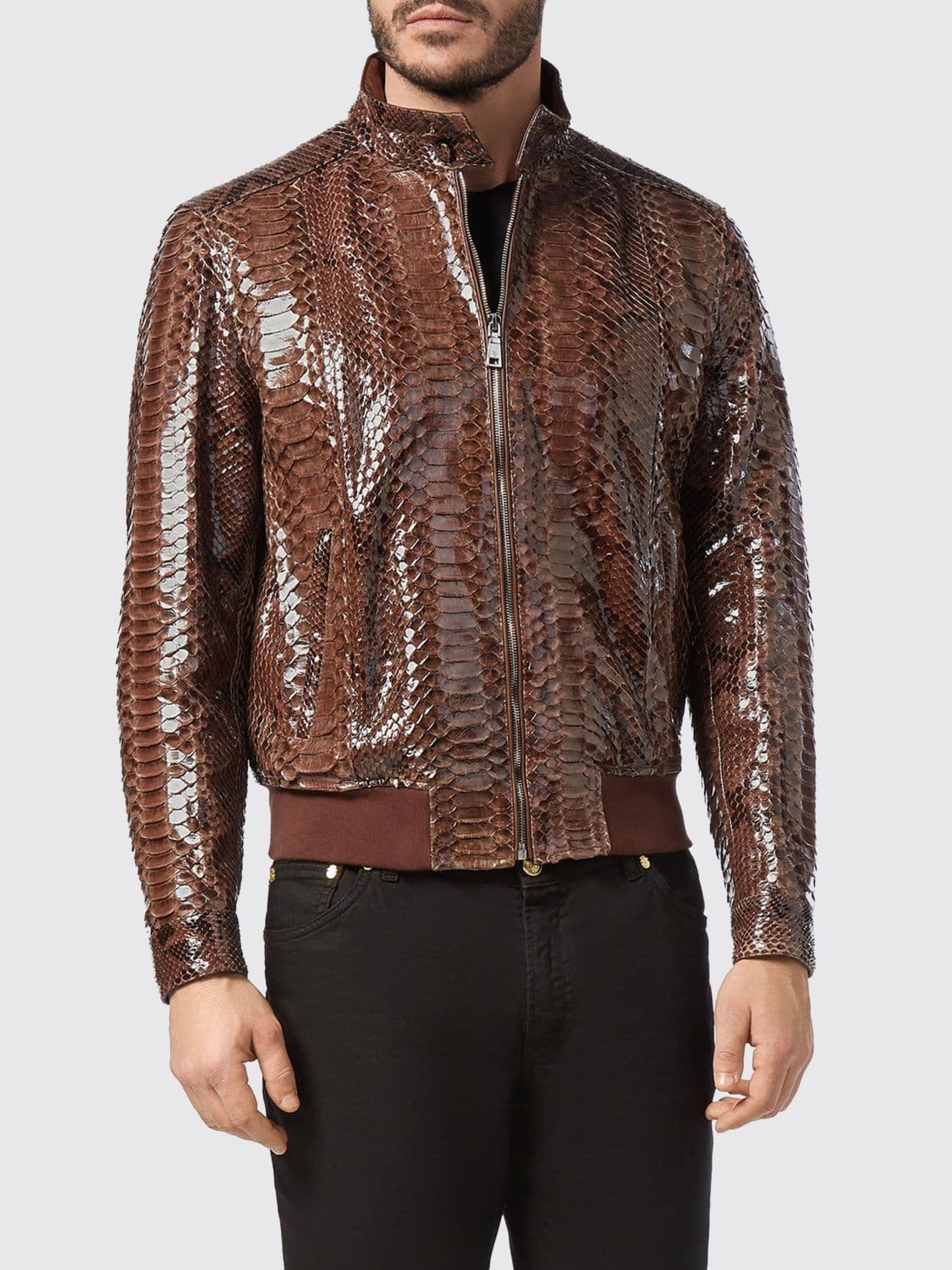 Billionaire Snakeskin Leather Bomber Jacket with High Collar and Zip Closure