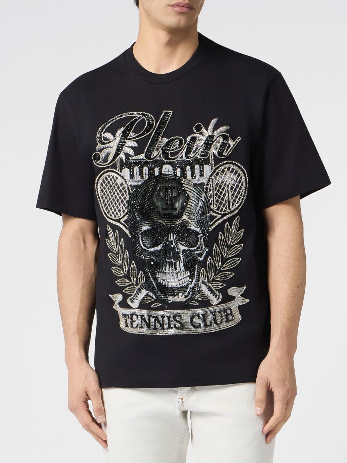 Philipp Plein Tennis Club Cotton T-shirt with Rhinestone Skull and Embroidery