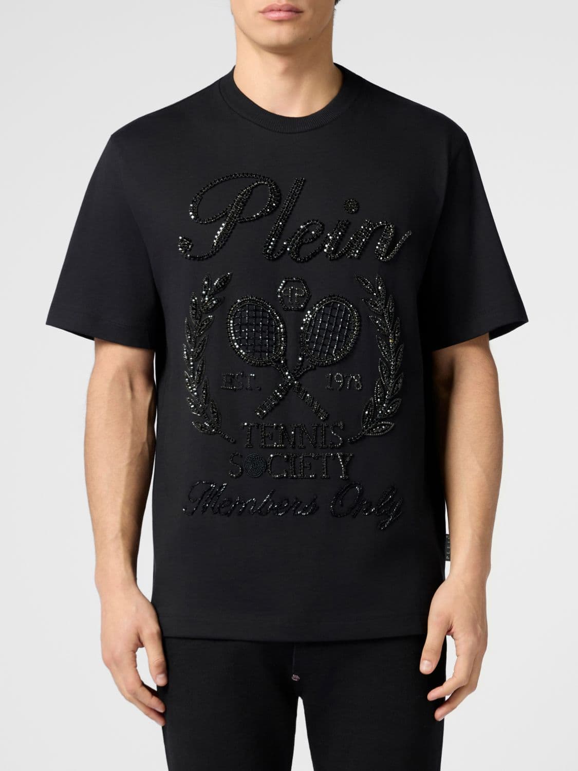 Philipp Plein Cotton T-shirt with Embroidered Logo and Bead and Rhinestone Applications
