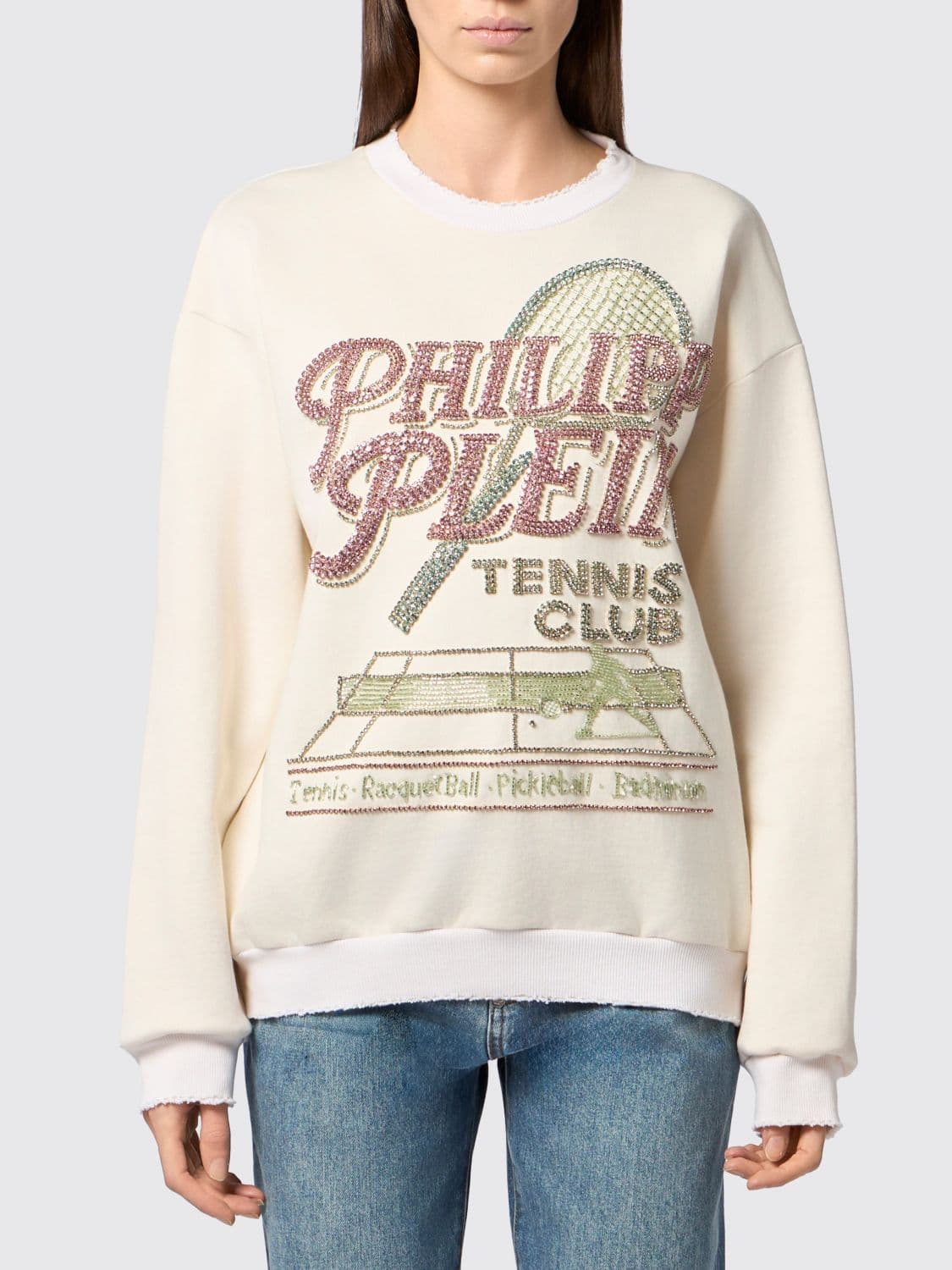 Philipp Plein Tennis Club Relaxed Fit Sweatshirt with U-Back and Rhinestone Logo