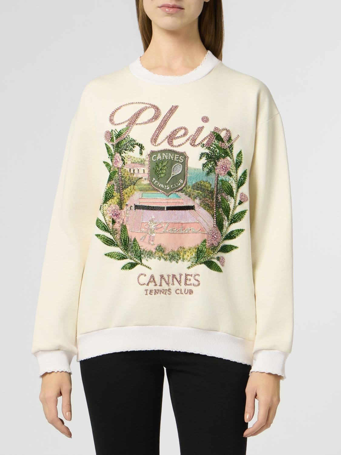 Philipp Plein Cotton Crewneck Sweatshirt with Dropped Shoulders and Rhinestone Logo
